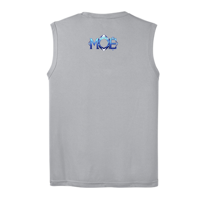 Gray sleeveless shirt with blue and red logo on the back against a white background