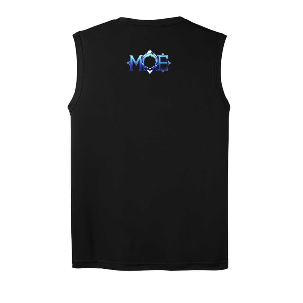 Black sleeveless shirt with a blue and white logo on the back against a white background