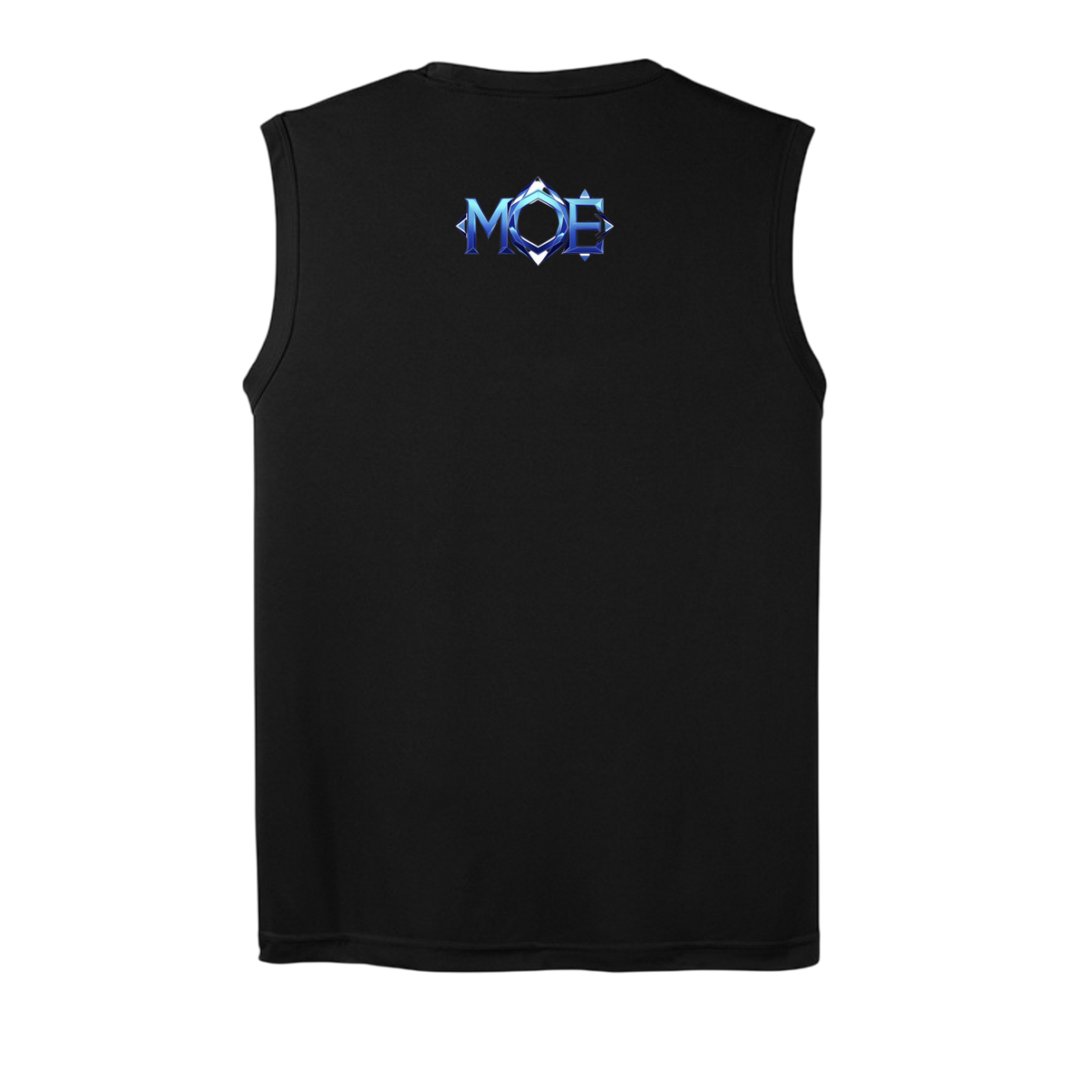 Black sleeveless shirt with a blue and white logo on the back against a white background