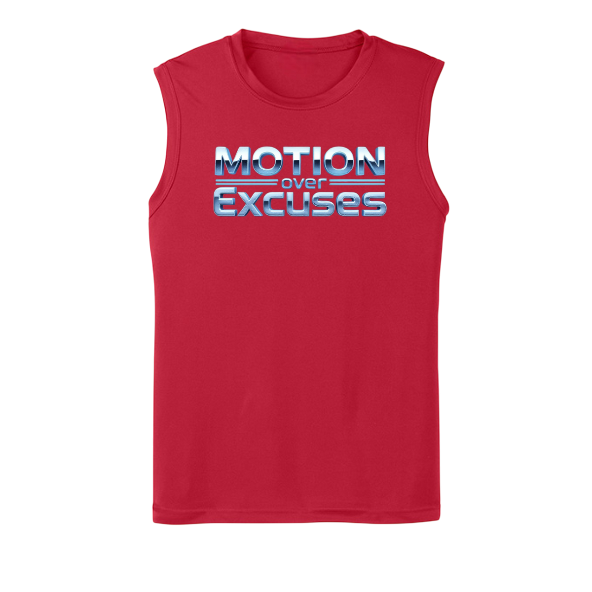 Red sleeveless shirt with 'Motion over Excuses' text on a white background