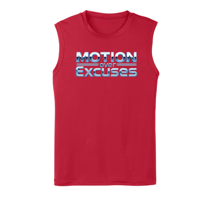Red sleeveless shirt with 'Motion over Excuses' text on a white background