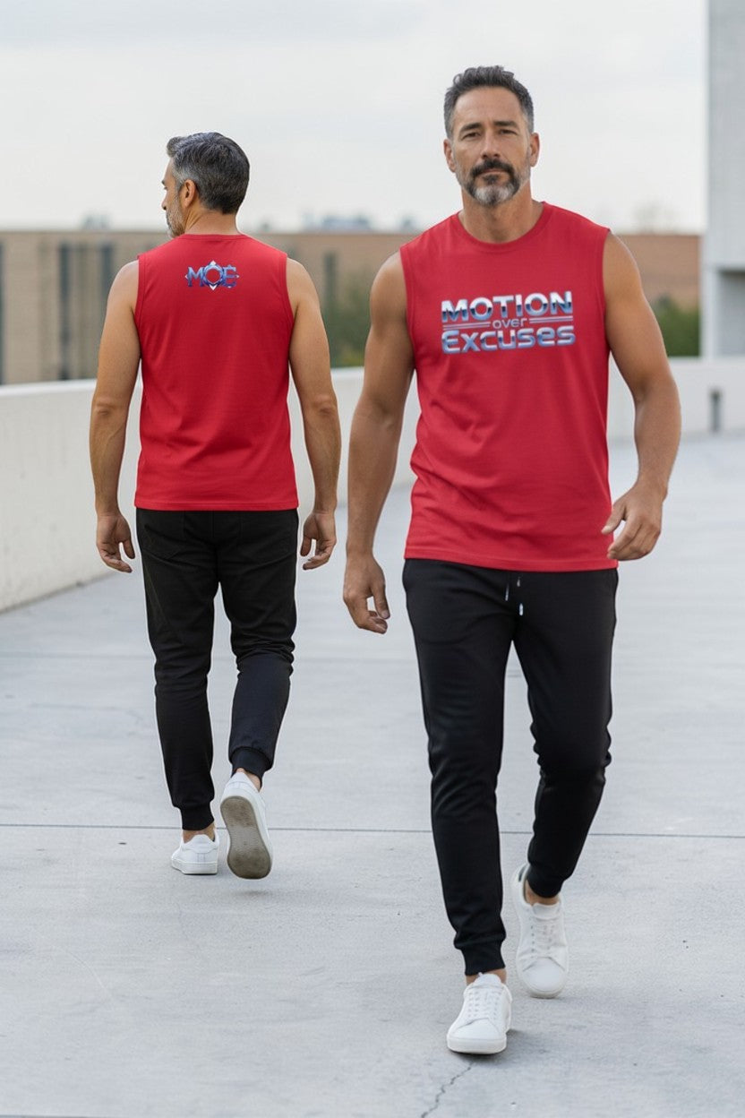 Two men walking on a rooftop wearing red athletic shirts with visible branding.