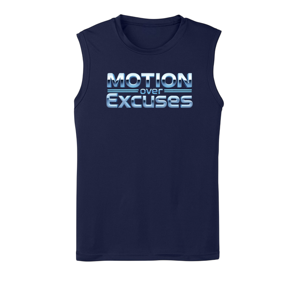 Navy sleeveless shirt with 'Motion over Excuses' text on a white background