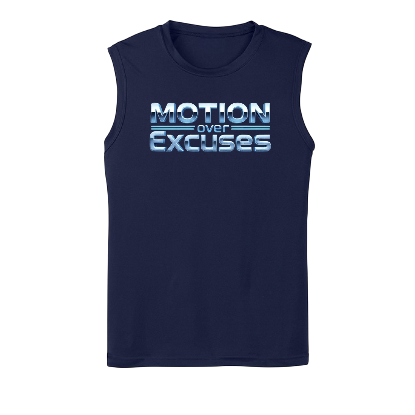 Navy sleeveless shirt with 'Motion over Excuses' text on a white background