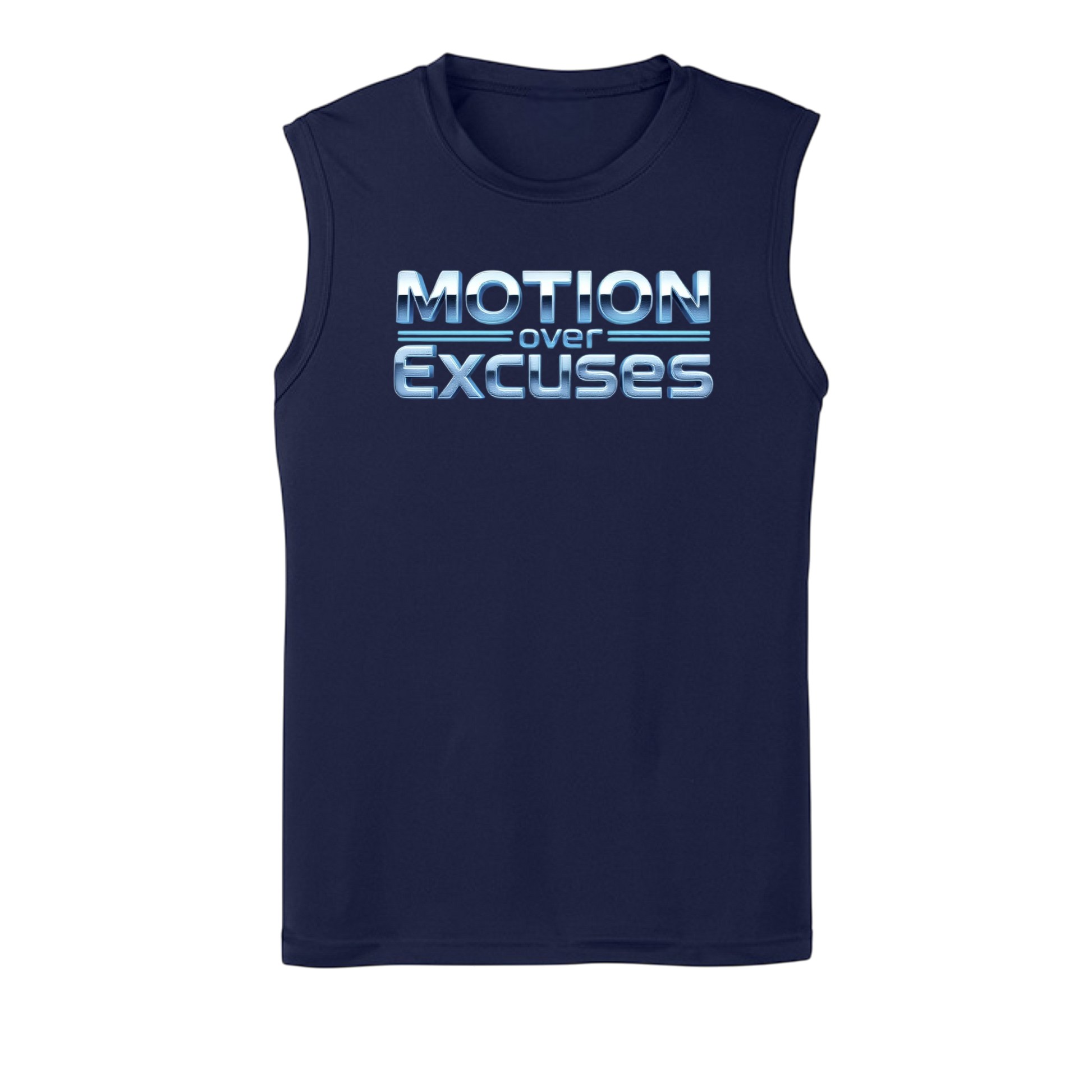 Navy sleeveless shirt with 'Motion over Excuses' text on a white background