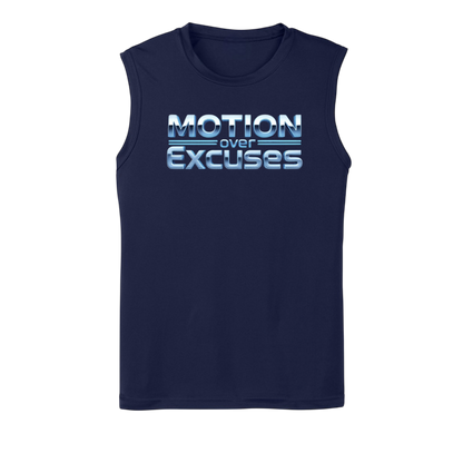 Navy sleeveless shirt with 'Motion over Excuses' text on a white background
