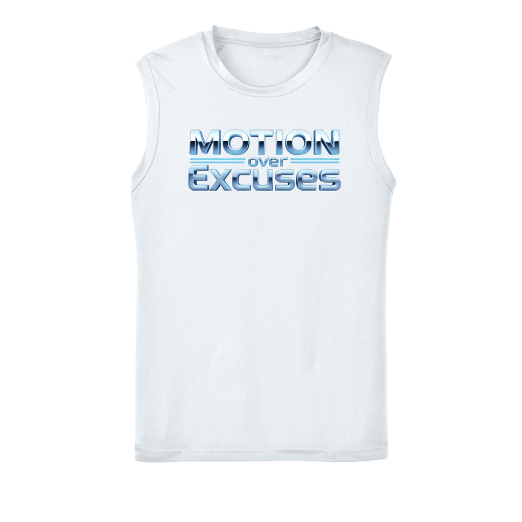 White sleeveless shirt with 'Motion over Excuses' text on a white background