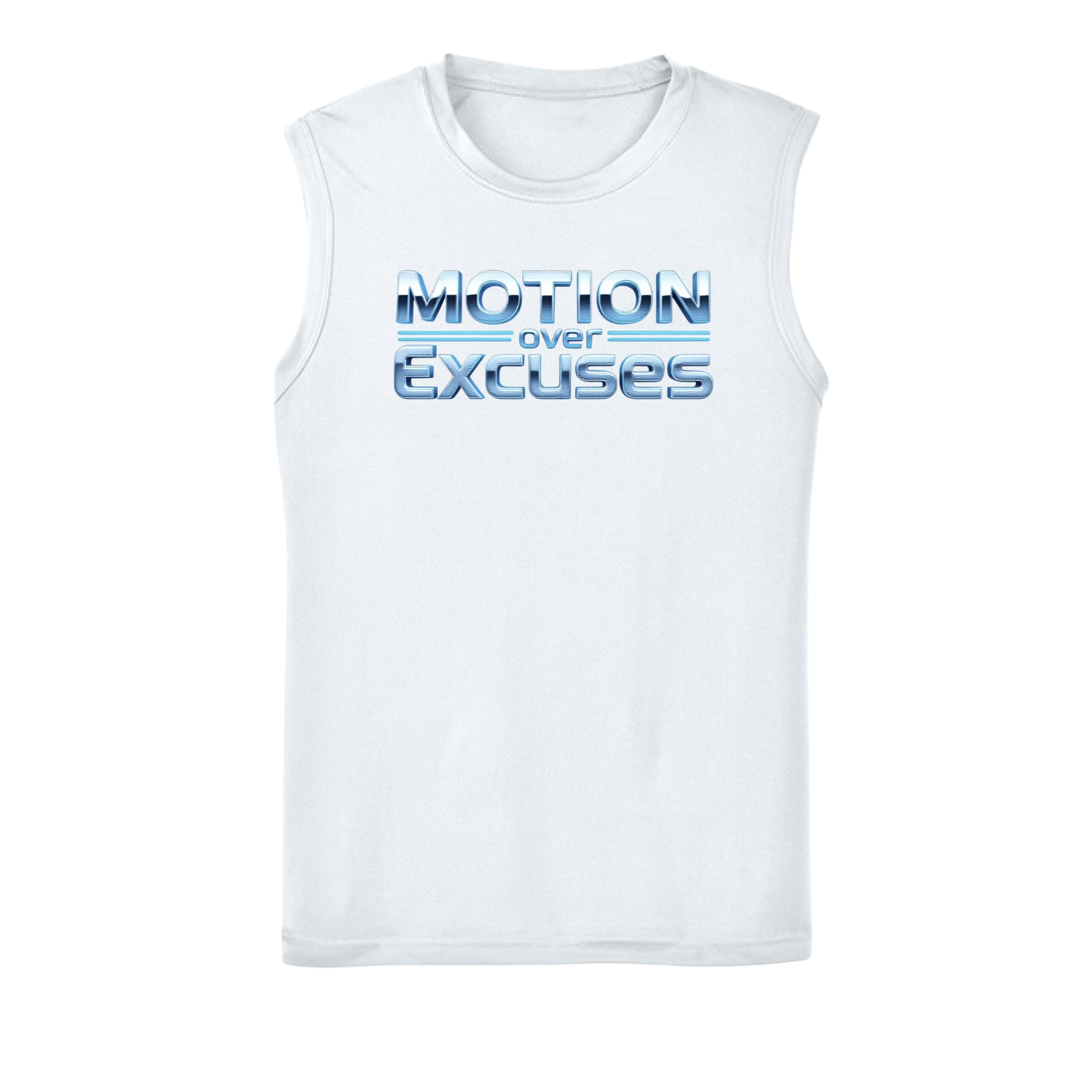 White sleeveless shirt with 'Motion over Excuses' text on a white background