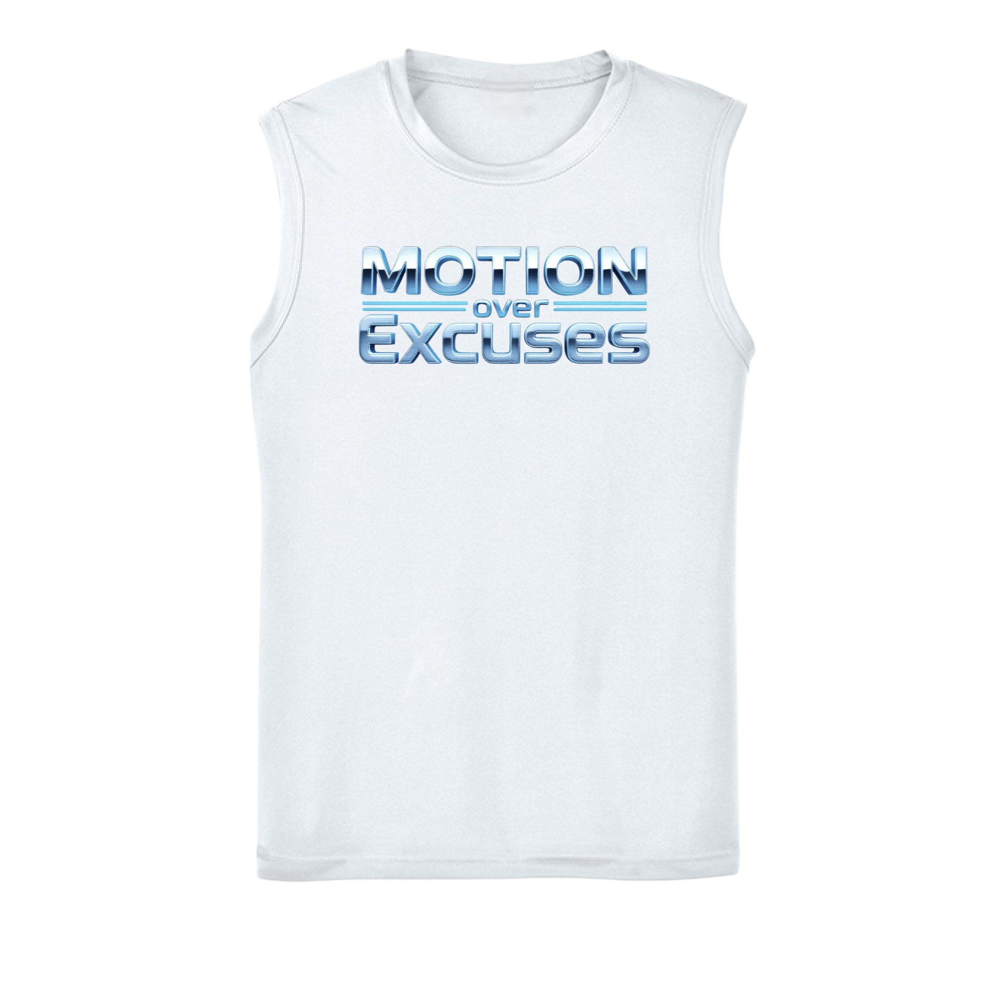 White sleeveless shirt with 'Motion over Excuses' text on a white background