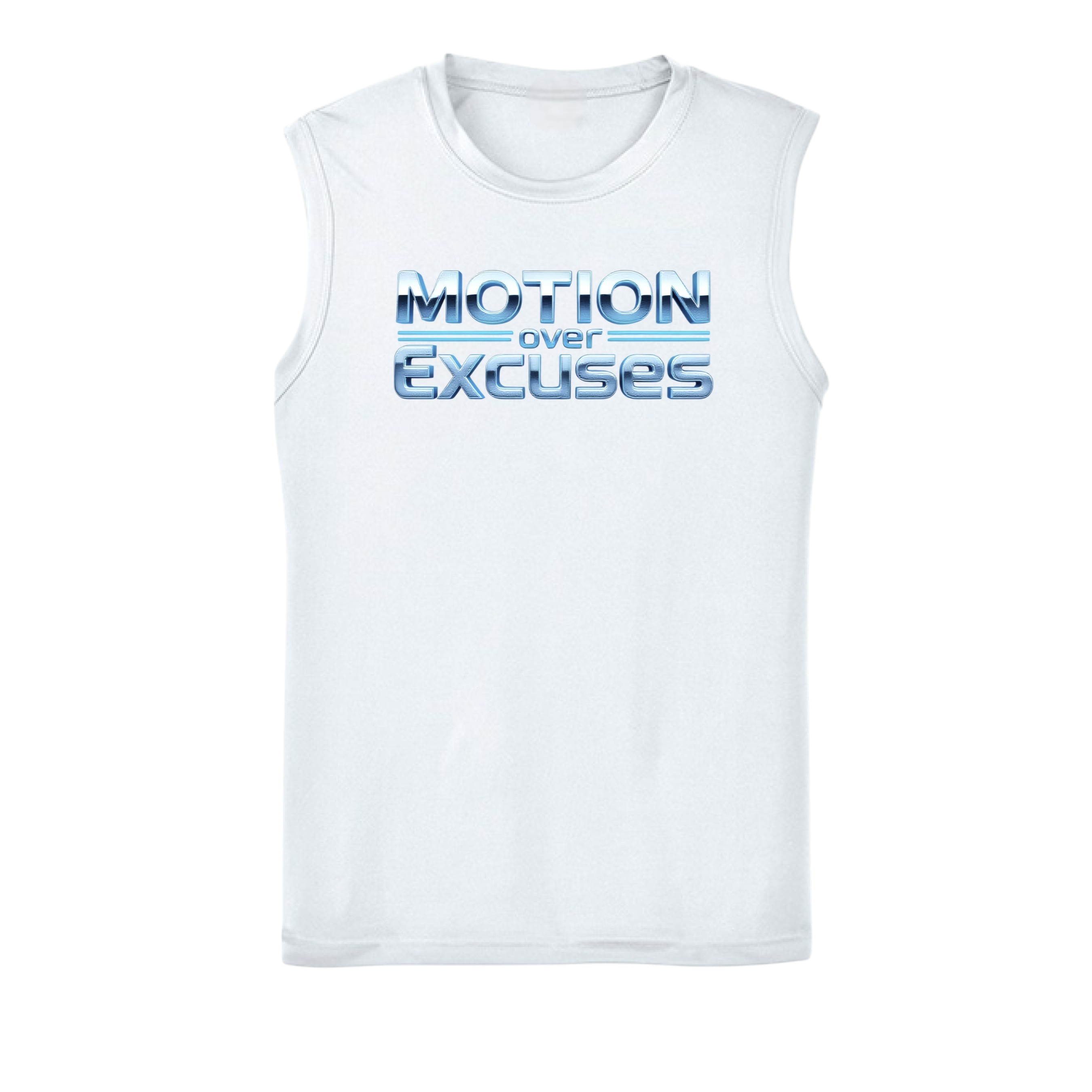 White sleeveless shirt with 'Motion over Excuses' text on a white background