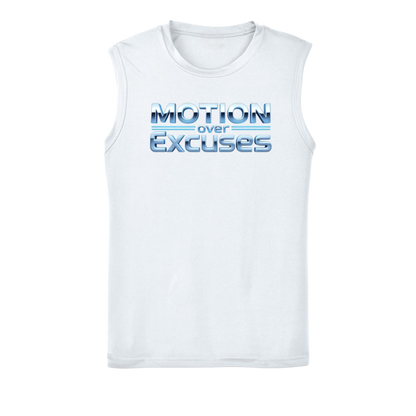 White sleeveless shirt with 'Motion over Excuses' text on a white background