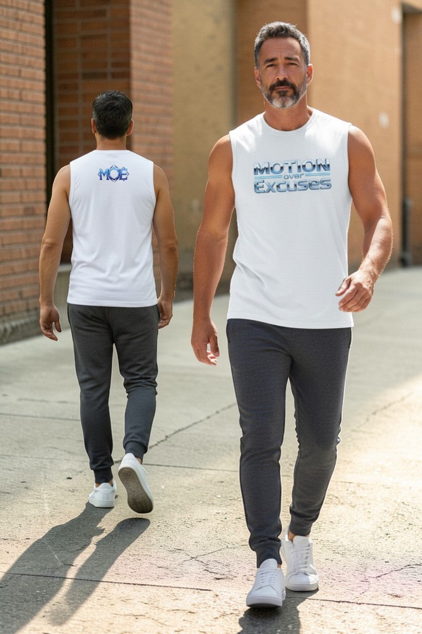 Two men walking outdoors wearing white tank tops with text on the back.