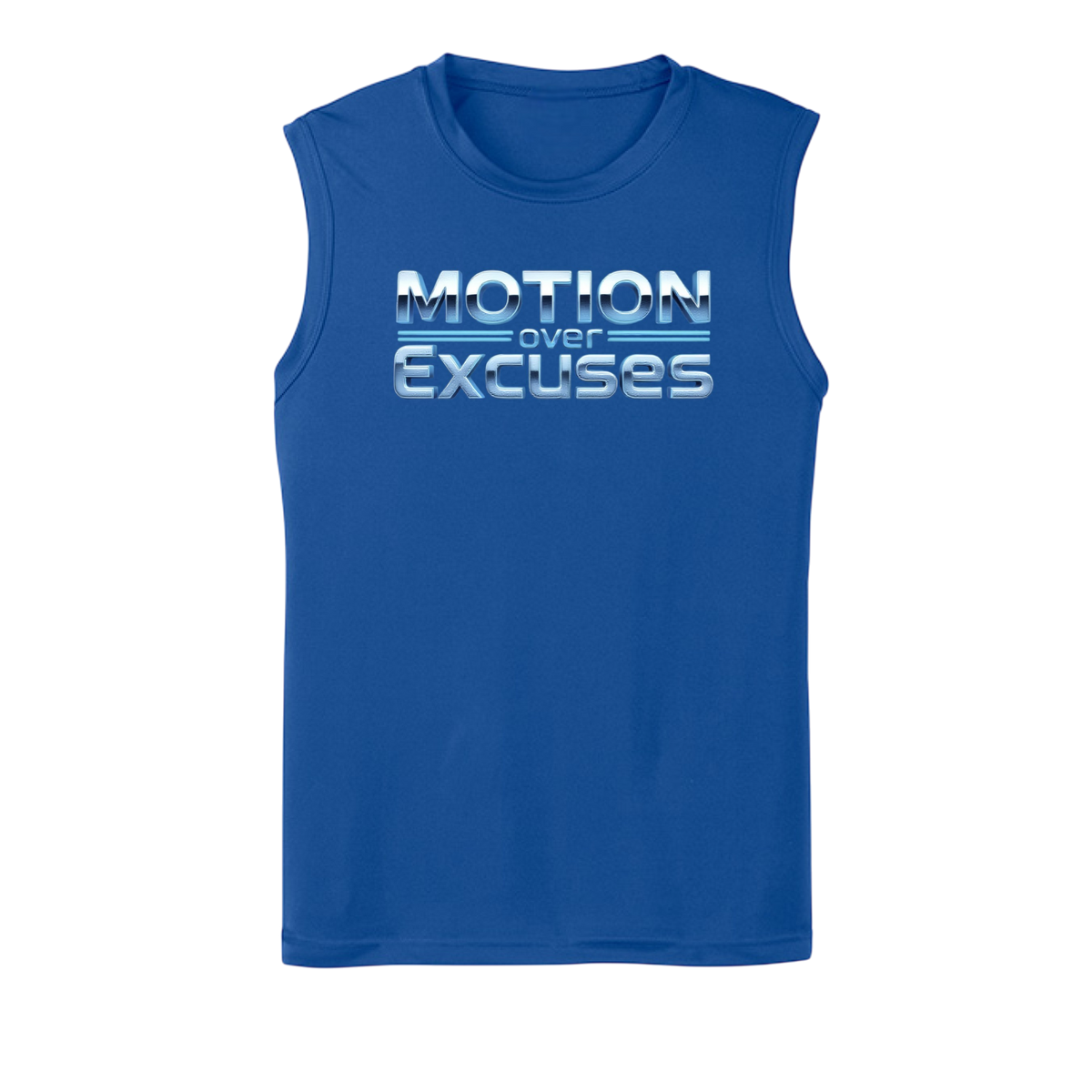 Blue sleeveless shirt with 'Motion over Excuses' text on a white background
