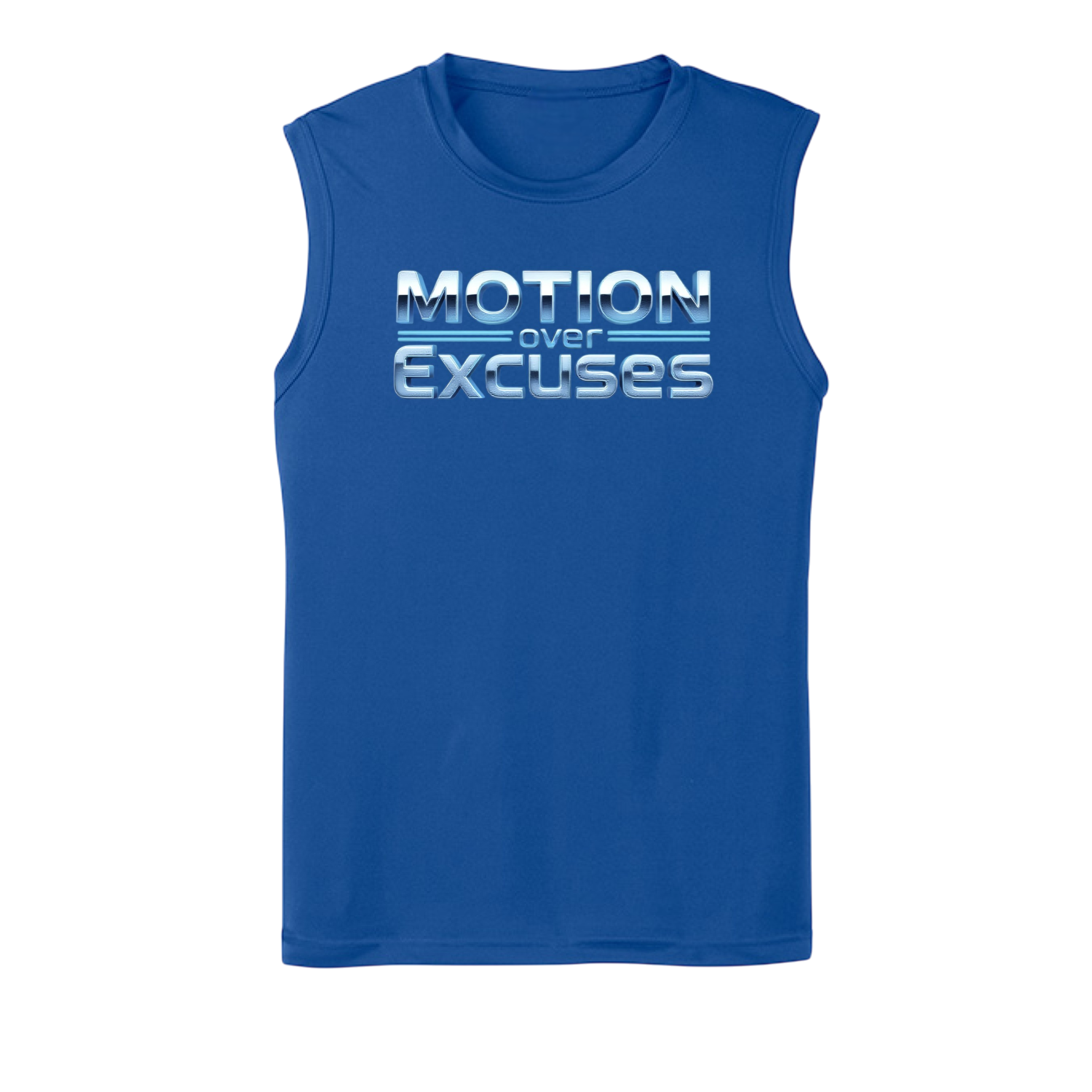 Blue sleeveless shirt with 'Motion over Excuses' text on a white background