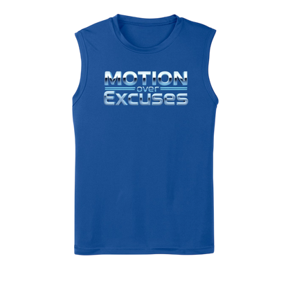 Blue sleeveless shirt with 'Motion over Excuses' text on a white background
