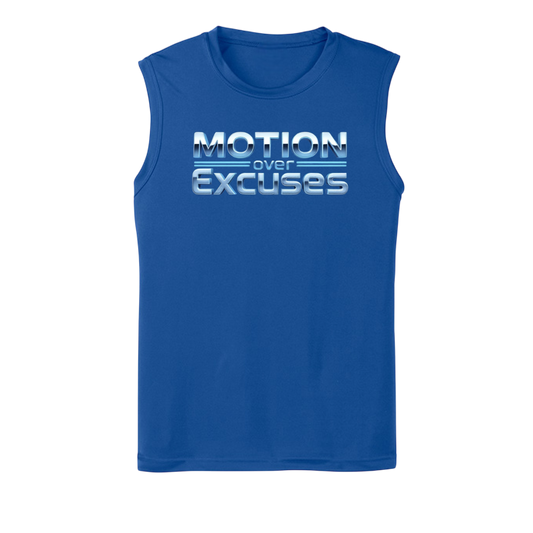Blue sleeveless shirt with 'Motion over Excuses' text on a white background
