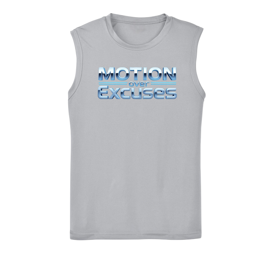 Gray sleeveless shirt with 'Motion over Excuses' text on a white background