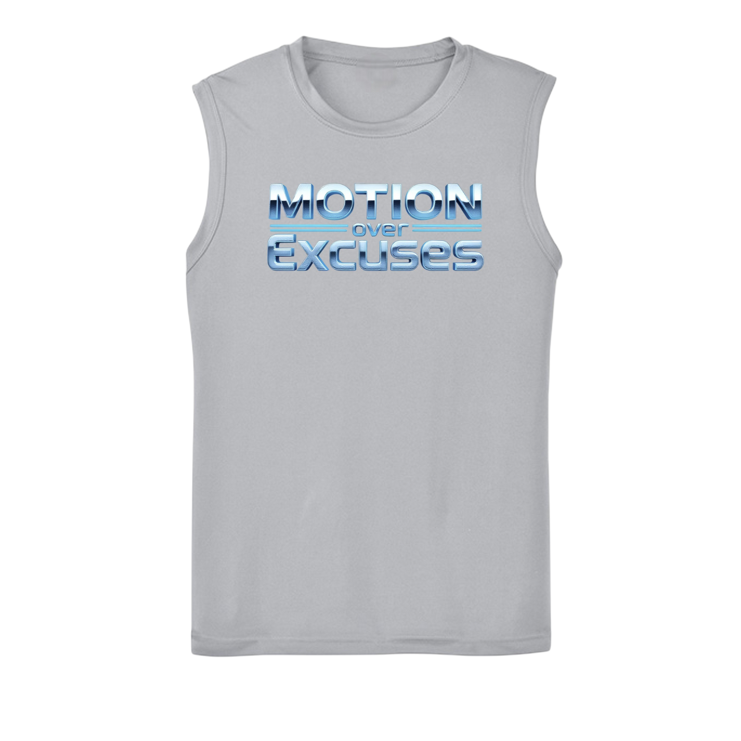 Gray sleeveless shirt with 'Motion over Excuses' text on a white background