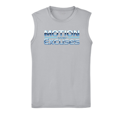 Gray sleeveless shirt with 'Motion over Excuses' text on a white background