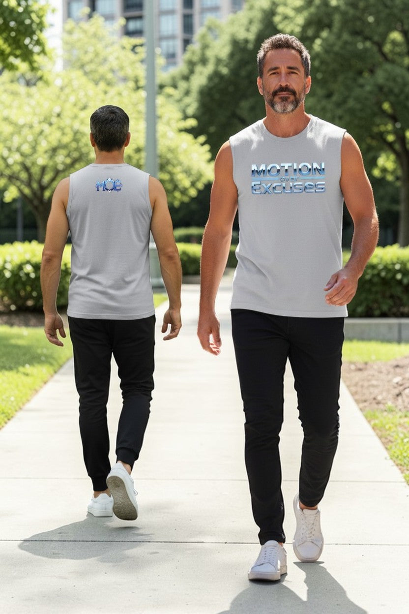 Two men walking outdoors on a path with trees and buildings in the background
