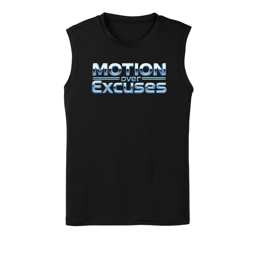 Black sleeveless shirt with 'Motion over Excuses' text on a white background
