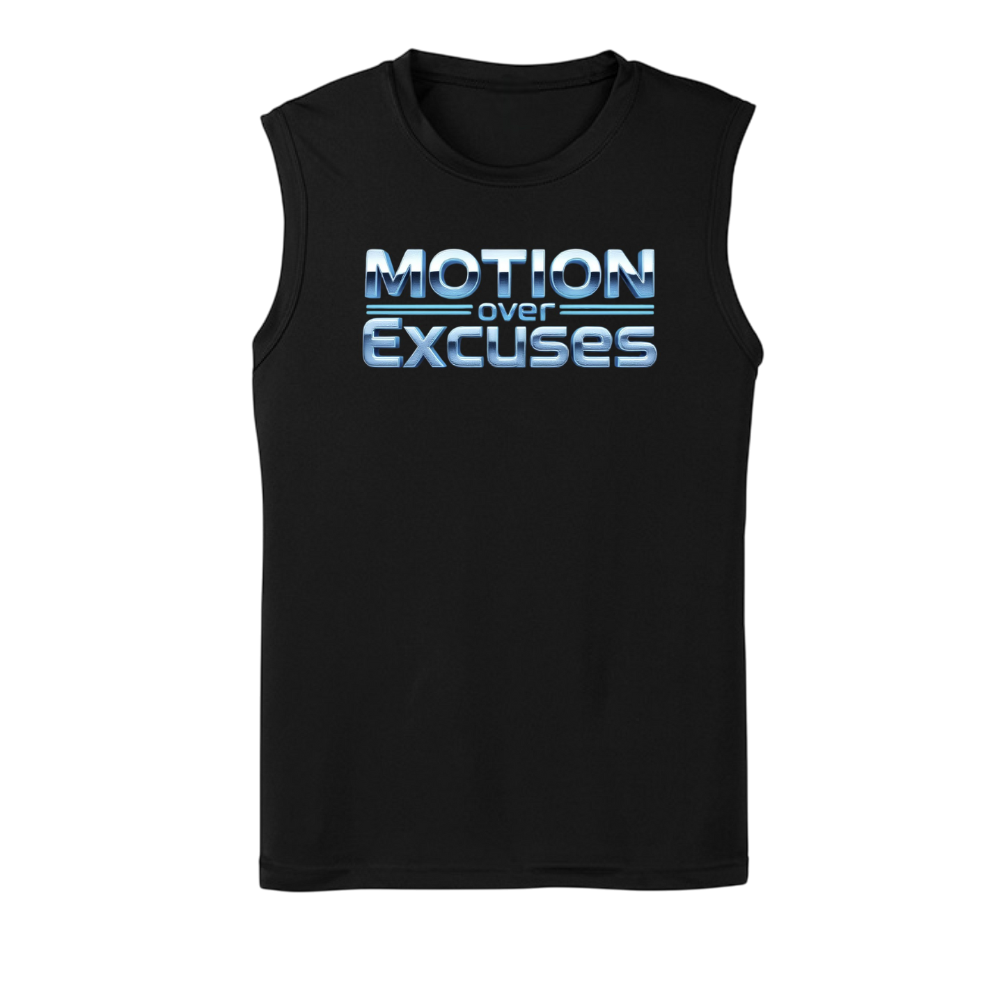 Black sleeveless shirt with 'Motion over Excuses' text on a white background