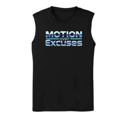 Black sleeveless shirt with 'Motion over Excuses' text on a white background
