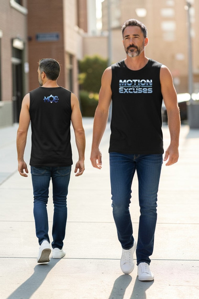 Two men walking outdoors wearing black tank tops with branding.