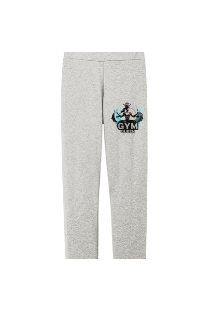 Gray sweatpants with 'Gym Queen' graphic on a white background