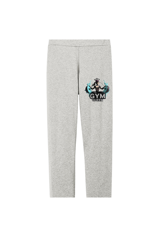 Gray sweatpants with 'Gym Queen' graphic on a white background