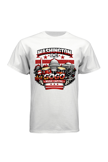 White t-shirt with 'Washington DC Music Capital' graphic design on a white background