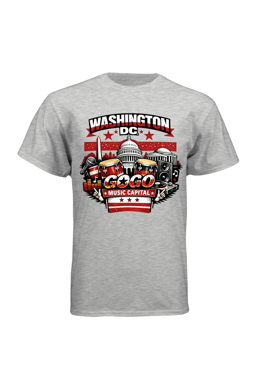 Gray t-shirt with 'Washington D.C. Music Capital' graphic design on a white background