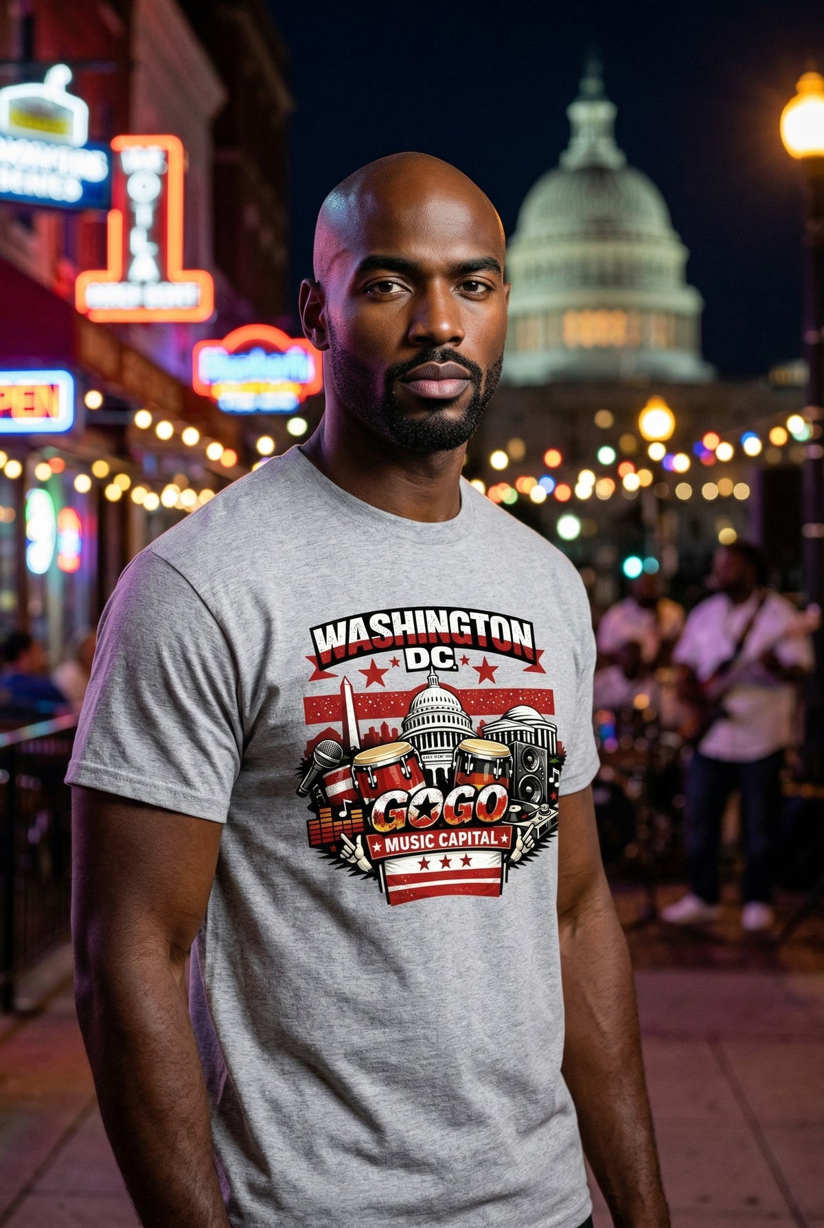 Man wearing a t-shirt with 'Washington D.C. Music Capital' design in an urban night setting.