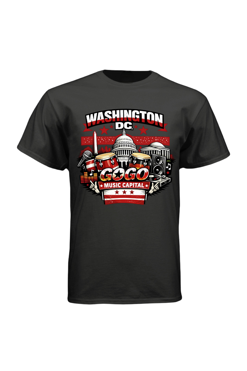 Black t-shirt with 'Washington DC Music Capital' graphic design featuring the Capitol building.