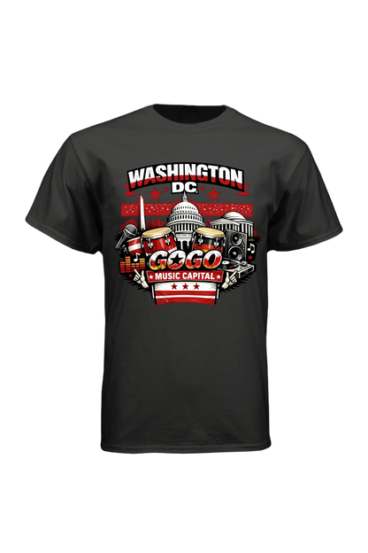 Black t-shirt with 'Washington DC Music Capital' graphic design featuring the Capitol building.
