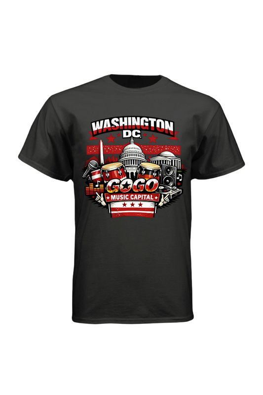 Black t-shirt with 'Washington DC Music Capital' graphic design featuring the Capitol building.