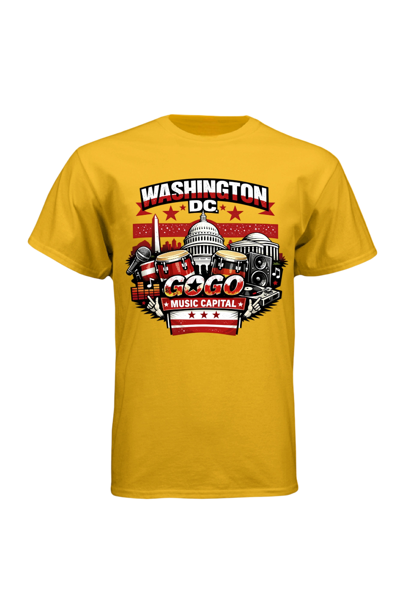Yellow t-shirt with 'Washington DC Music Capital' graphic design on a white background