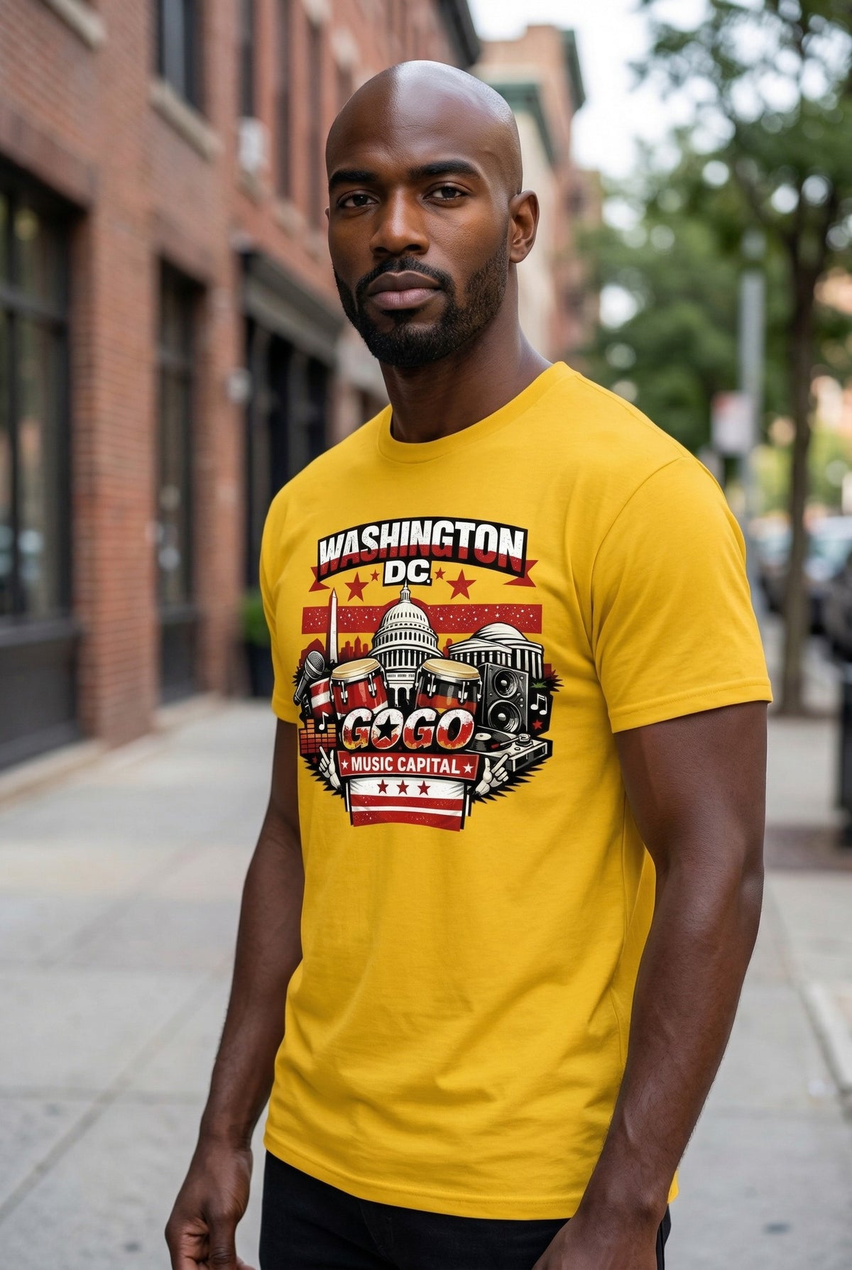 Man wearing a yellow t-shirt with 'Washington DC' design on a city street.