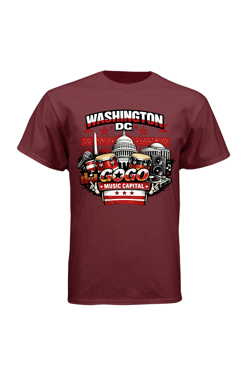 Maroon t-shirt with 'Washington DC Music Capital' graphic design on a white background
