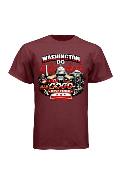 Maroon t-shirt with 'Washington DC Music Capital' graphic design on a white background