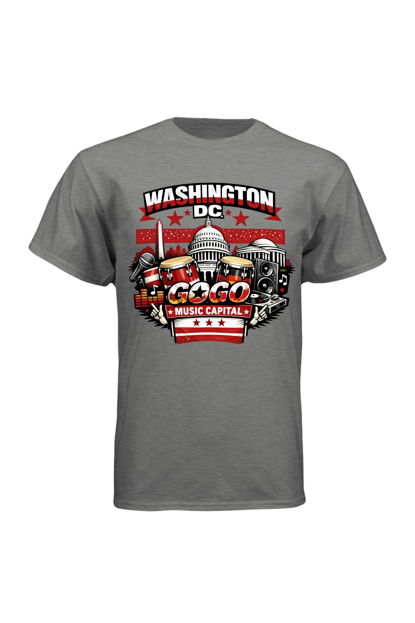 Gray t-shirt with Washington DC graphic design on a white background