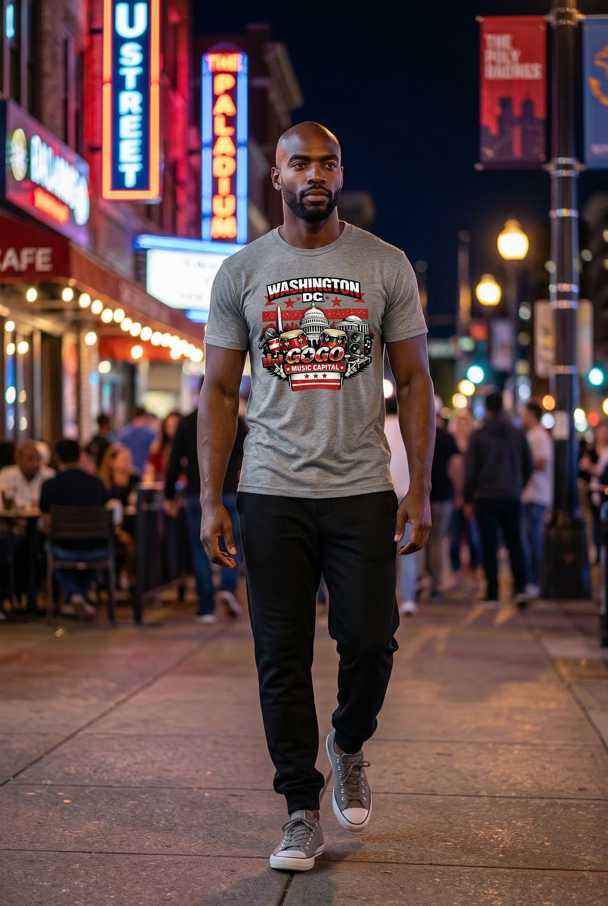 Man walking on a city street at night with neon signs and people in the background