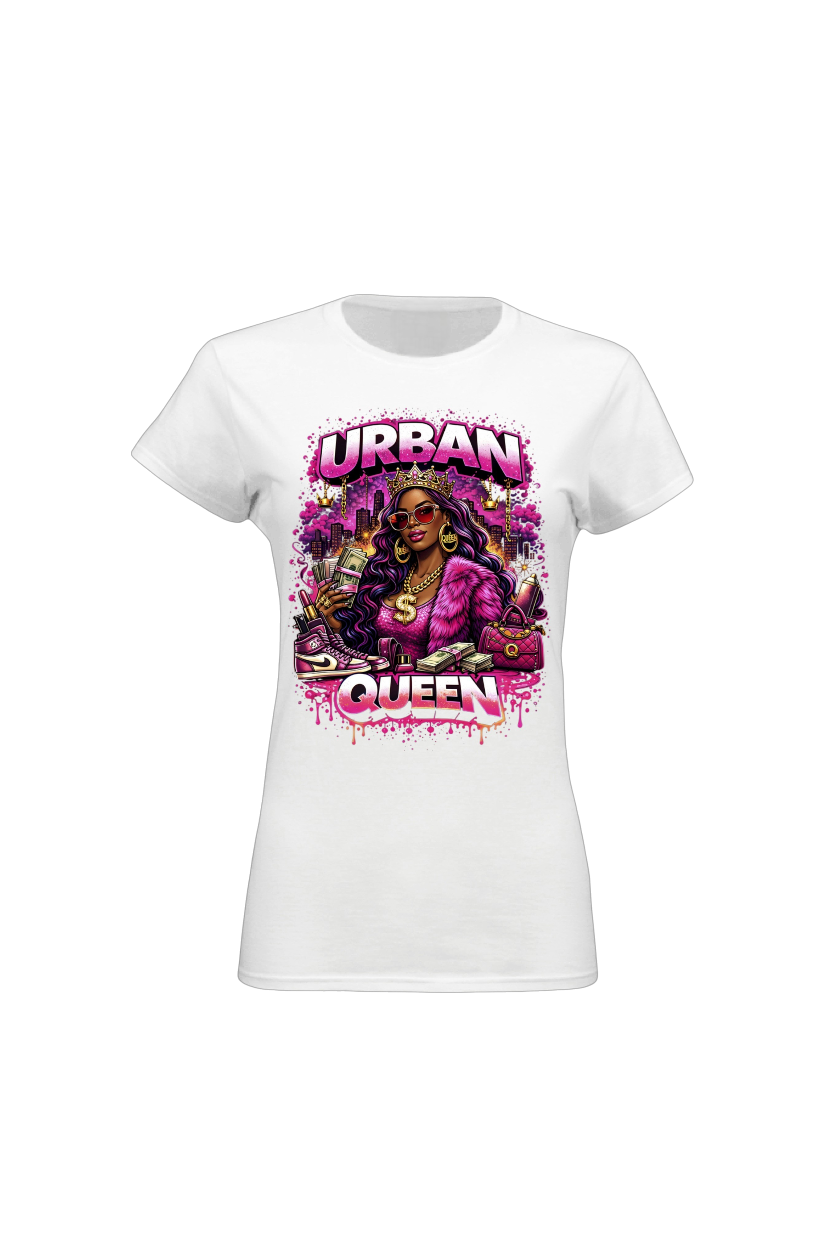 White t-shirt with 'Urban Queen' graphic design featuring a person in a pink jacket on a white background