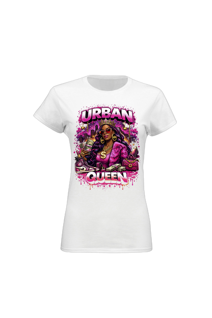 White t-shirt with 'Urban Queen' graphic design featuring a person in a pink jacket on a white background