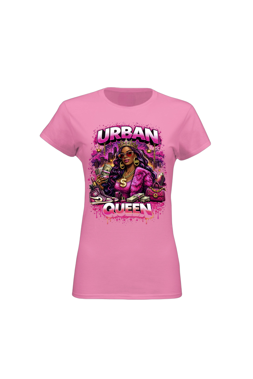 Pink t-shirt with 'Urban Queen' graphic design on a white background