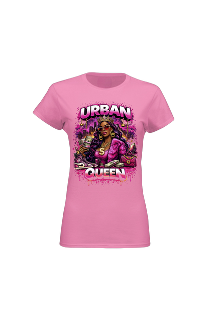 Pink t-shirt with 'Urban Queen' graphic design on a white background