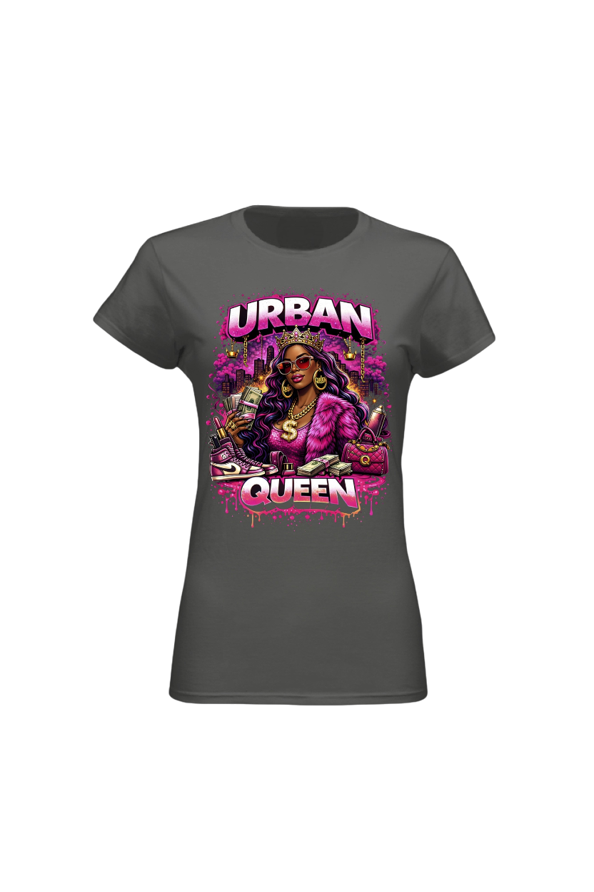 Gray t-shirt with 'Urban Queen' graphic design on a white background