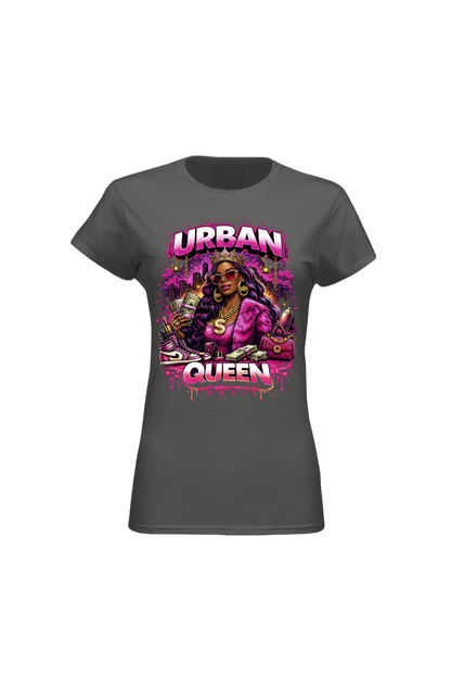 Gray t-shirt with 'Urban Queen' graphic design on a white background
