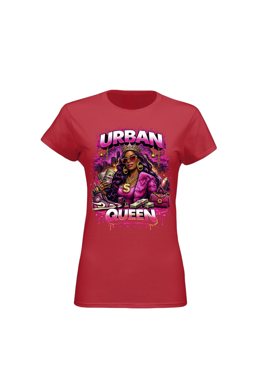 Red t-shirt with 'Urban Queen' graphic design on a white background