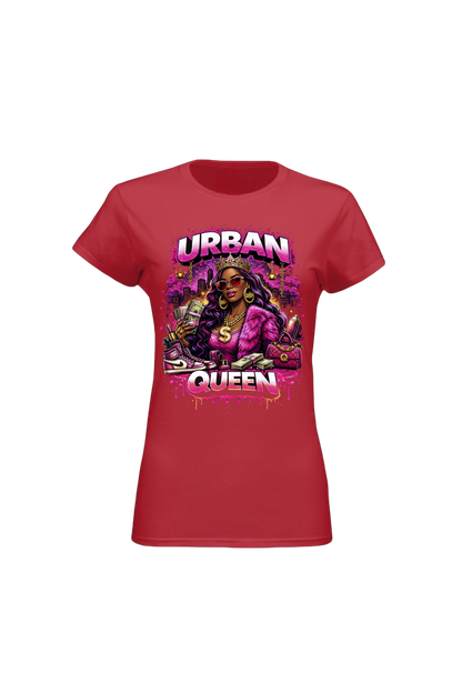 Red t-shirt with 'Urban Queen' graphic design on a white background